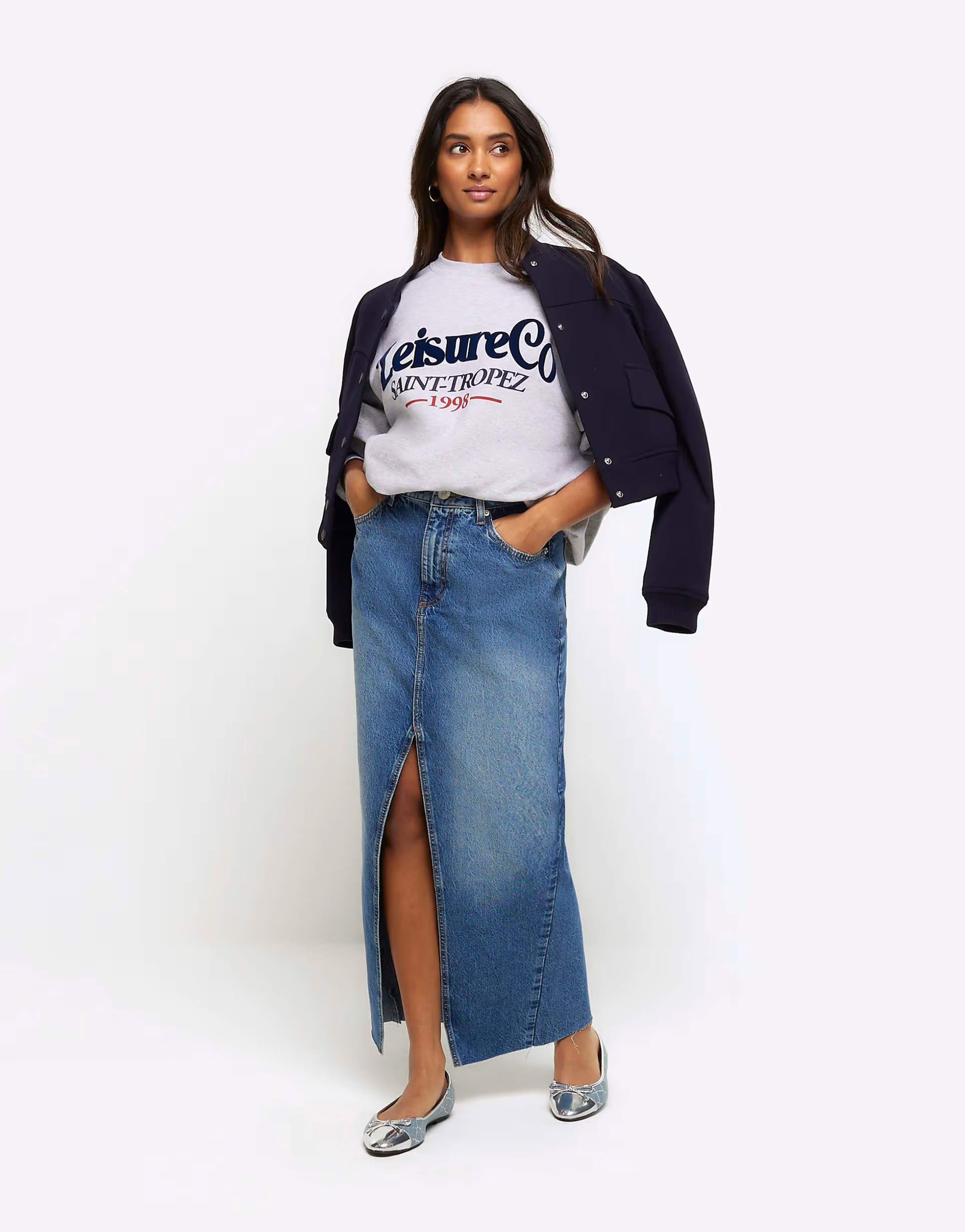 River Island Split hem denim maxi skirt in denim - medium | ASOS (Global)