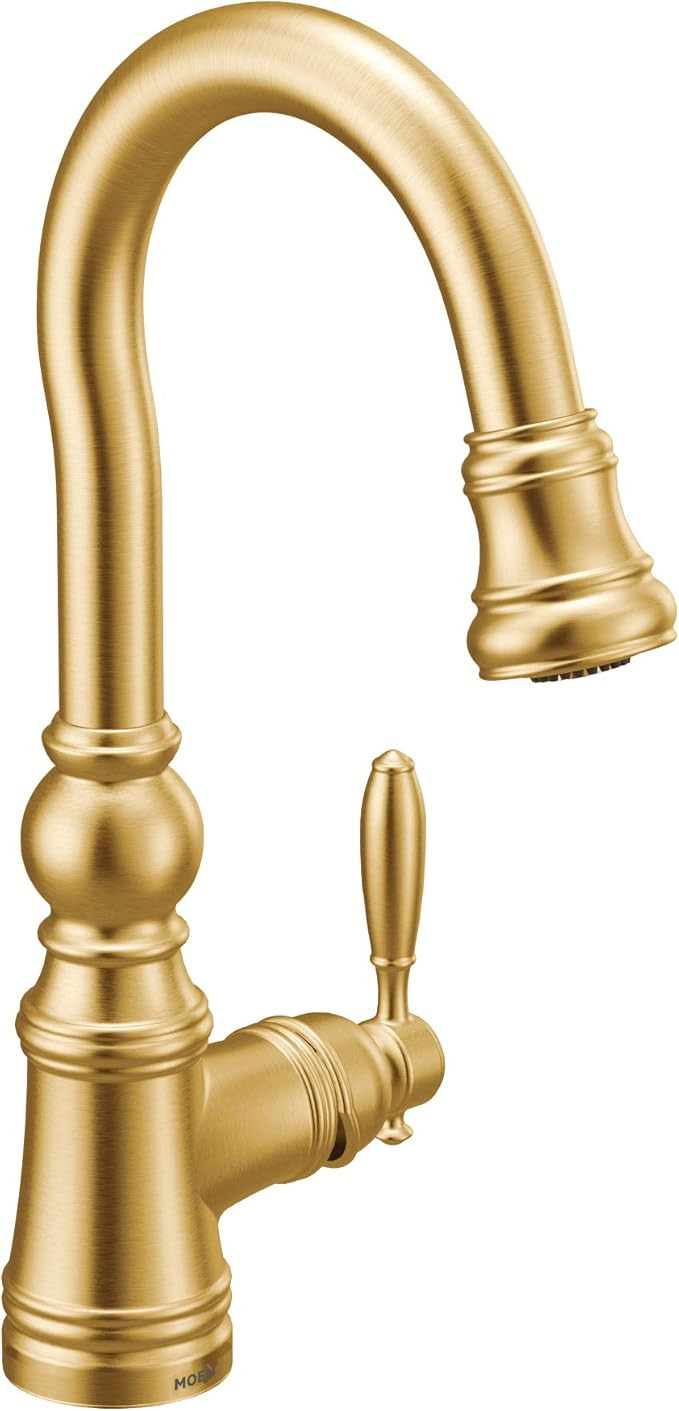 Moen S53004BG Weymouth Shepherd's Hook Pulldown Kitchen Bar Faucet Featuring Metal Wand with Powe... | Amazon (US)