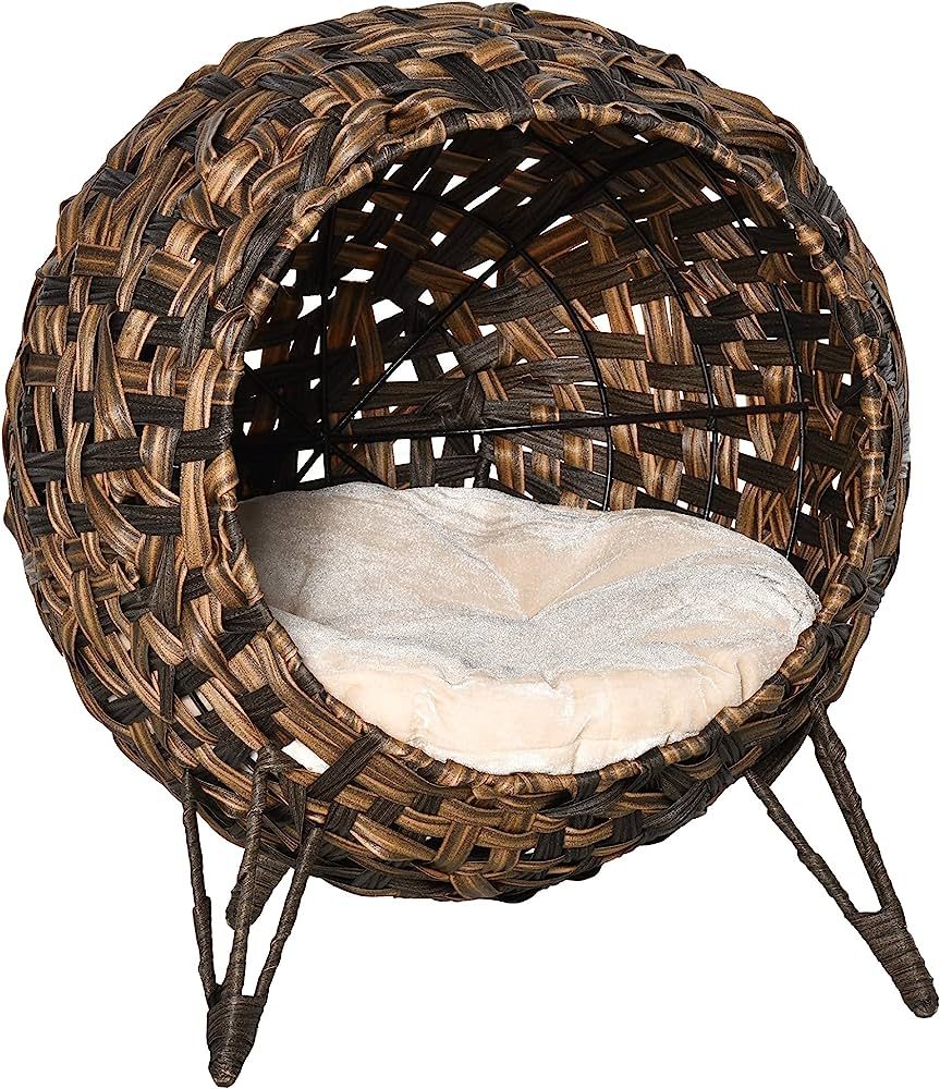 PawHut 20.5" Rattan Cat Bed, Elevated Wicker Kitten House Round Condo with Cushion, Brown | Amazon (US)