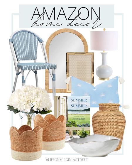 Amazon home decor finds! This j cliffs this blue dining chair, rattan mirror, gold bamboo picture frame, white table lamp, rattan vase, woven baskets, faux hydrangeas, coastal coffee table book, and blue throw pillow. 

coastal, coastal home, coastal home decor, coastal style, coastal finds, beach house decor, amazon home decor,  amazon furniture, rattan home decor, summer home decor, amazon decor 

#LTKSeasonal #LTKhome #LTKFind