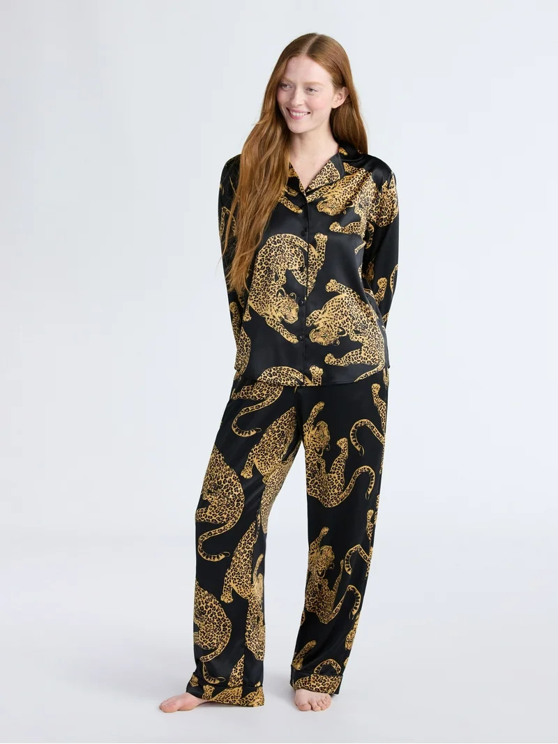 Joyspun Women’s Stretch Satin Notch Long Sleeve Top and Pants Pajama Set, 2-Piece, Sizes XS-3X | Walmart (US)