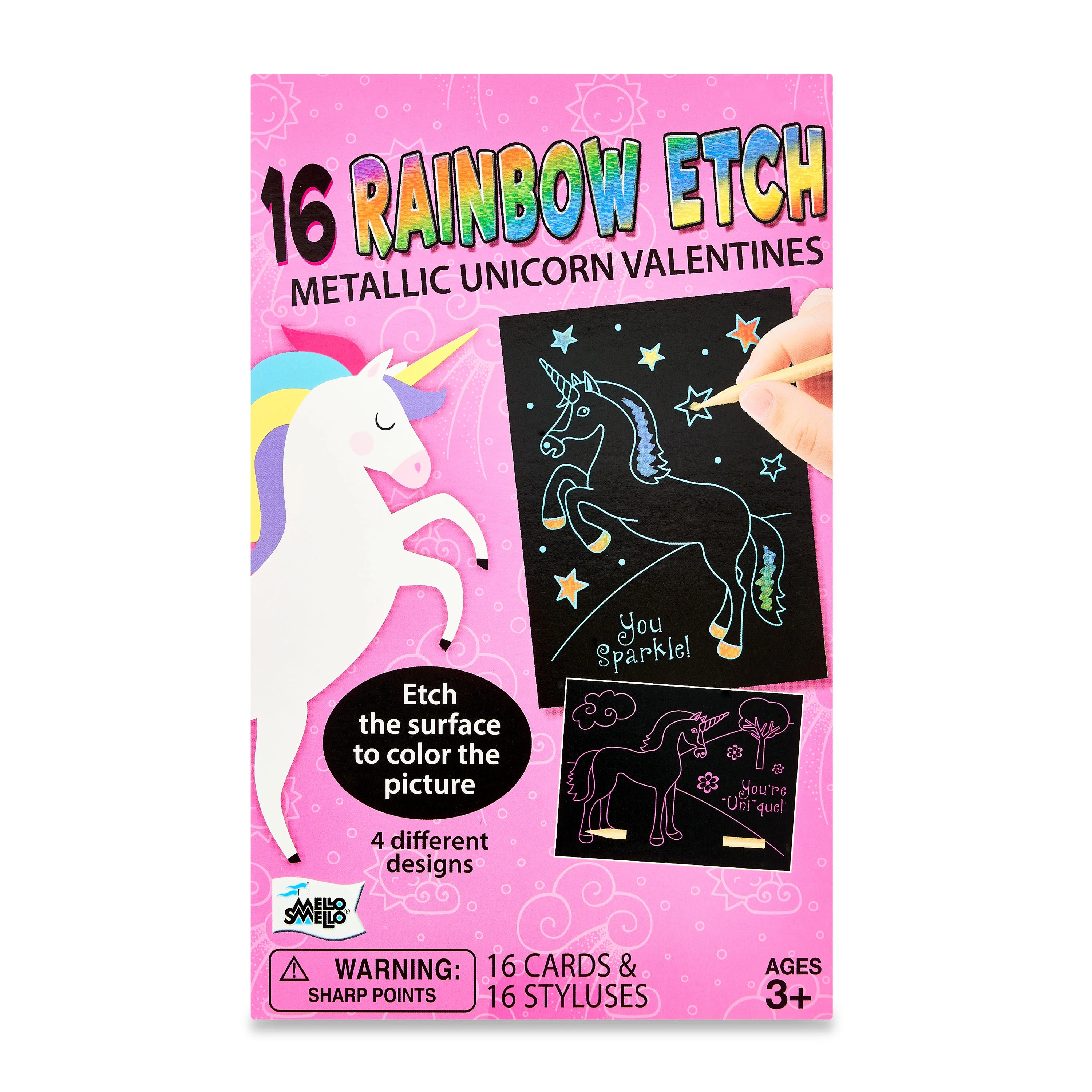 Mello Smello Valentine's Day Rainbow Etch Metallic Unicorn Valentines Kiddie Cards, 16CT | Walmart (US)