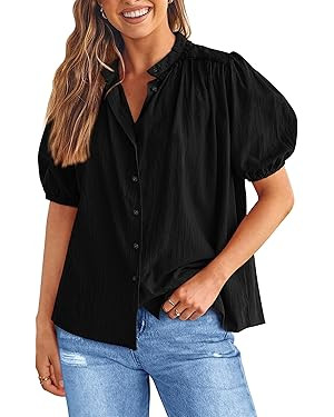 PRETTYGARDEN Women's Summer Button Down Shirts Short Lantern Sleeve V Neck Cotton Cute Dressy Cas... | Amazon (US)
