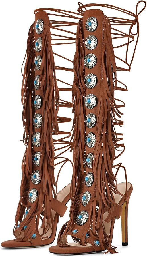 Gladiator Heels Tassels Open Toe Boots Fringe Lace up Strappy High Heels Sandals | Amazon (US)