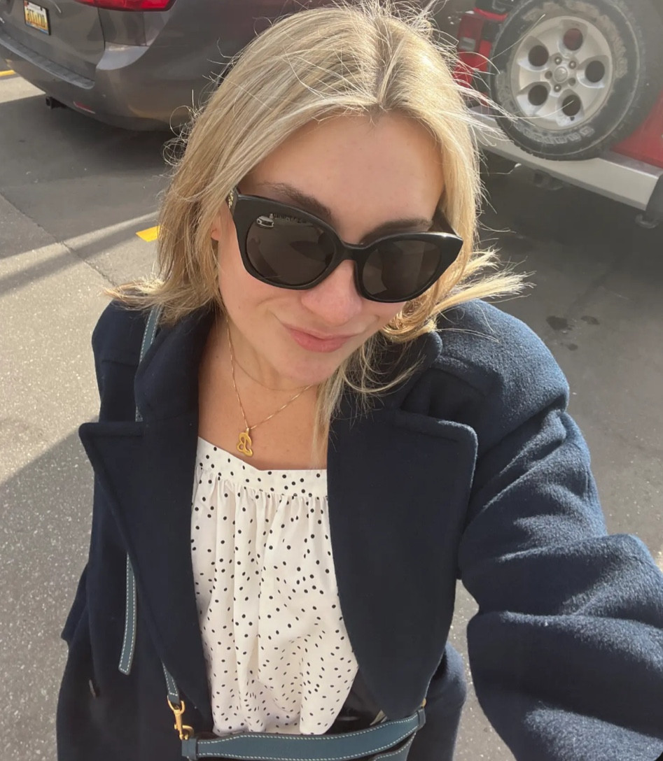 another chilly sunny day work outfit 💭🤍✨

Purse and sunnies are linked from Tory!
Linked some dupes for the top, it’s XS dry goods, coat is vintage Saks, not shown are red Tory pants in small and Steve Madden boots in 8

#LTKitbag #LTKworkwear