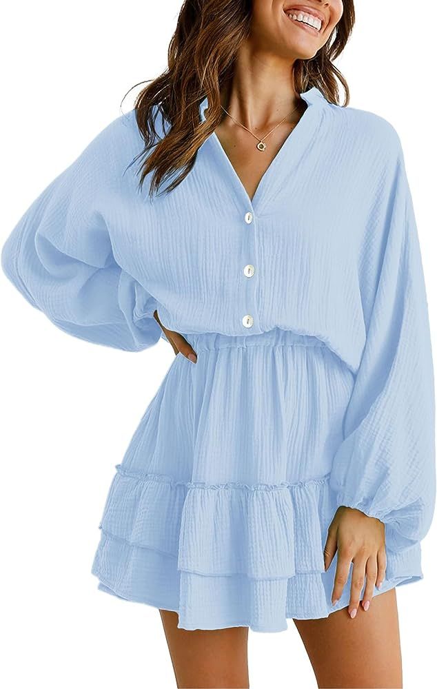 ARTFREE Women's Long Lantern Sleeves Mini Dress V Neck Button Down Ruffle Tiered Swing Summer Cas... | Amazon (US)