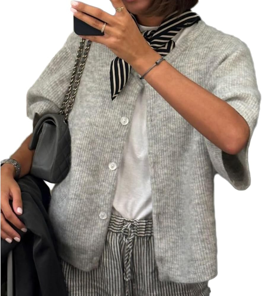 Women Y2k Knitted Crop Cardigan Short Sleeve Button Up Rib Knit Solid Color Cute Sweater Shirt | Amazon (US)