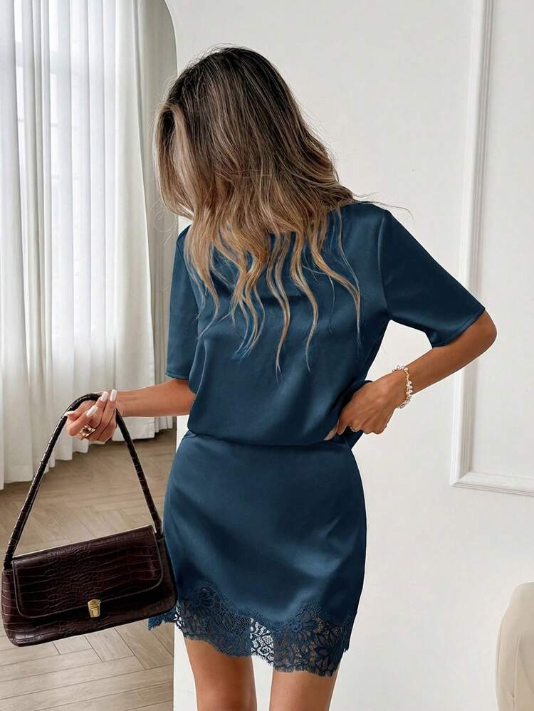Easowa Crew Neck T-Shirt Top And Lace Patchwork A-Line Skirt Set, Silk Satin And Lace Patchwork Casual Relaxed Elegant Office Lady Style, Spring/Summer Women 2-Piece Set | SHEIN