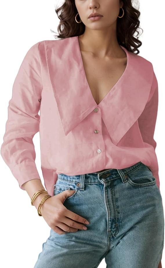 Daacee Women’s Big Collar Blouses Dressy Casual Long Sleeve V Neck Button Down Liene Shirts Lad... | Amazon (US)