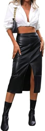 SweatyRocks Saia lápis midi feminina de couro PU com cintura alta dividida elegante | Amazon (BR)