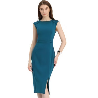 Allegra K Women's Round Neck Slim Fit Sleeveless Split Hem Work Sheath Dresses Small Peacock Blue | Target
