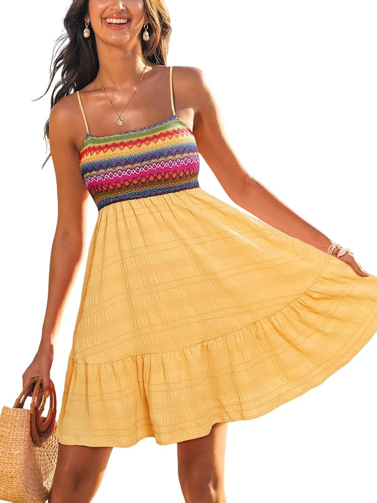 CUPSHE Womens Summer Dresses Sleeveless Paisley Beach Ruffled Spaghetti Straps Casual Vacation Mi... | Amazon (US)