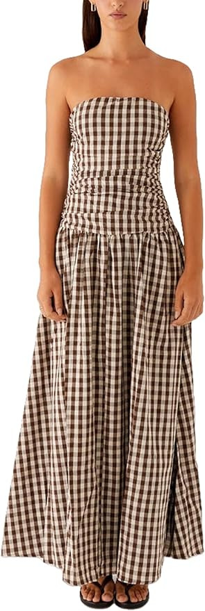 NUFIWI Women Ruched Tube Long Dress Sleeveless Bodice Top Maxi Dress Elegant Strapless A Line Sum... | Amazon (US)