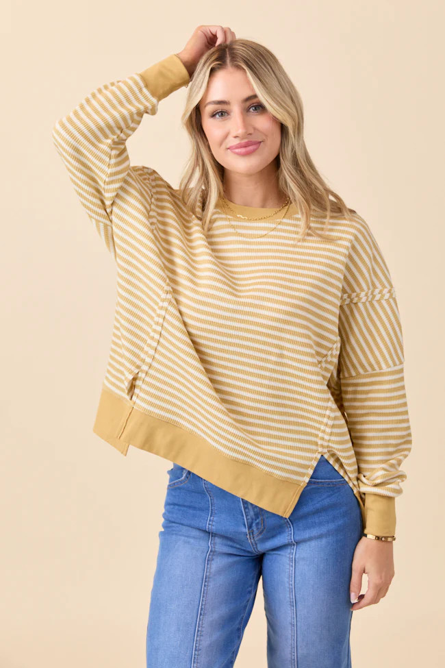 Kara Yellow Stripe Waffle Pullover | Pink Lily