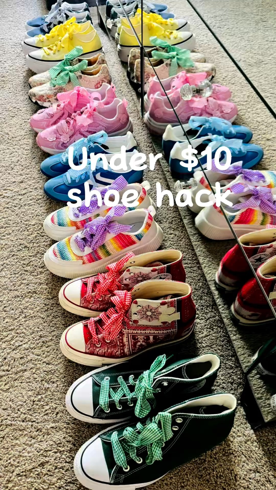The under $10 shoe hack you need for spring! 🌷🌈🥳 8 pack of a rainbow collection of gingham shoe laces!  🩷❤️🧡💛💚🩵💙💜

#LTKActive #LTKSeasonal #LTKootd