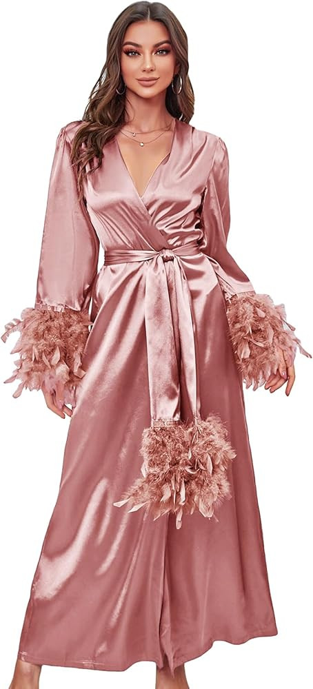 OYOANGLE Women's Fuzzy Trim Long Sleeve Belted Satin Sleep Robe Wedding Day Bride Robes | Amazon (US)