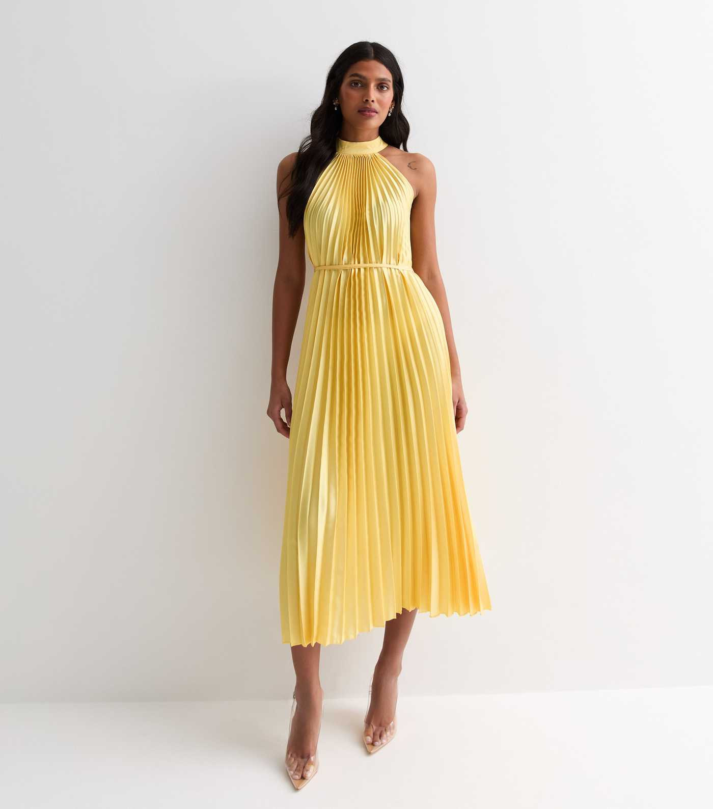 Pale Yellow Pleated Satin Halter Midi Dress
						
						Add to Saved Items
						Remove from Sav... | New Look (UK)