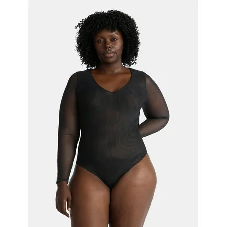 Terra & Sky Women's Plus V Neck Mesh Bodysuit with Long Sleeves, Sizes 0X-5X | Walmart (US)