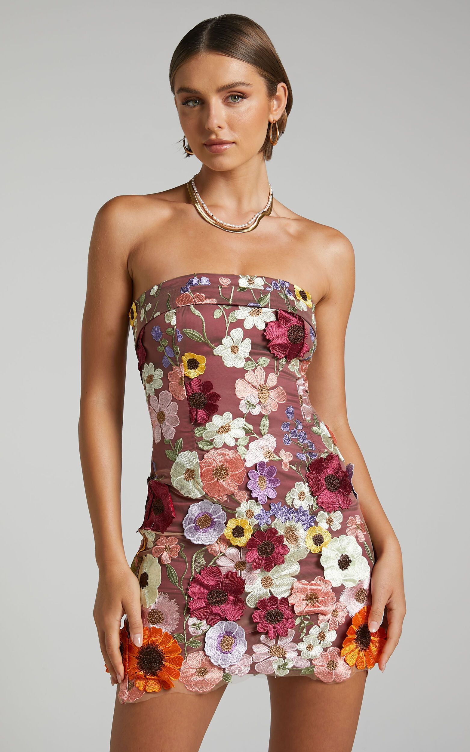 Wren Mini Dress - Strapless Bodycon Garden Flowers Dress in Burgundy | Showpo (US, UK & Europe)