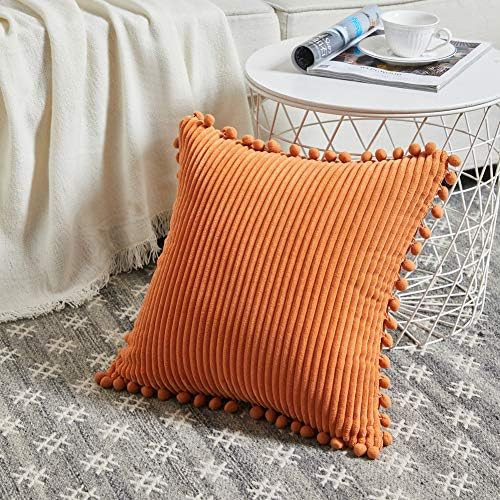 Fancy Homi Pack of 2 Corduroy Fall Decorative Throw Pillow Covers with Pom-poms, Solid Square Cus... | Amazon (US)