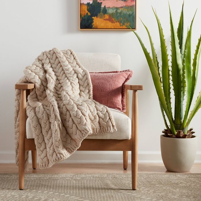 Solid Chunky Cable Knit Throw Blanket Neutral - Threshold&#8482; | Target