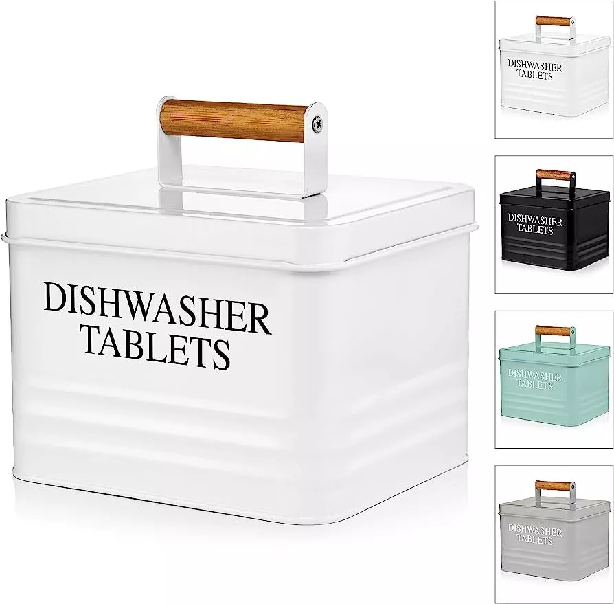 AuldHome Black Dishwasher Pod Holder, Tablet Container; Enamelware Kitchen  Storage Tin with Lid 