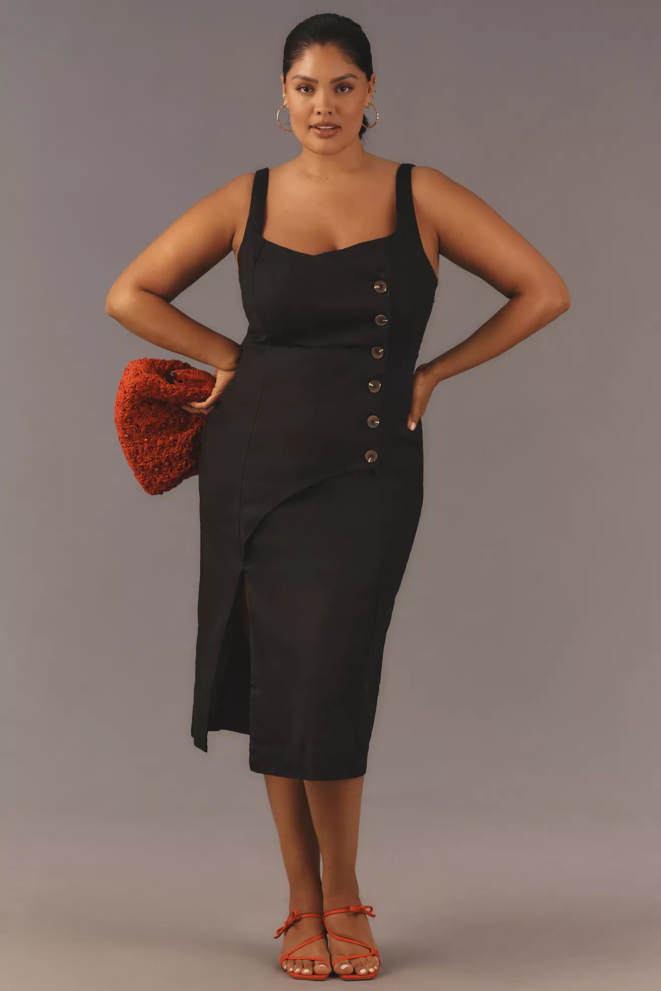 By Anthropologie Sleeveless Square-Neck Linen Button Wrap Midi Dress | Anthropologie (US)