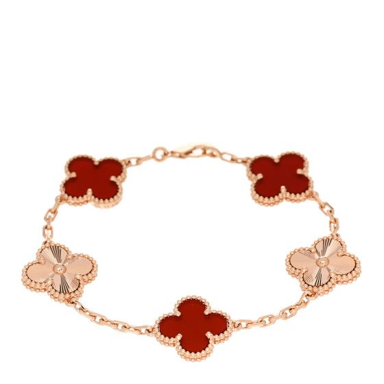 18K Rose Gold Carnelian 5 Motifs Guilloche Vintage Alhambra Bracelet | FASHIONPHILE (US)