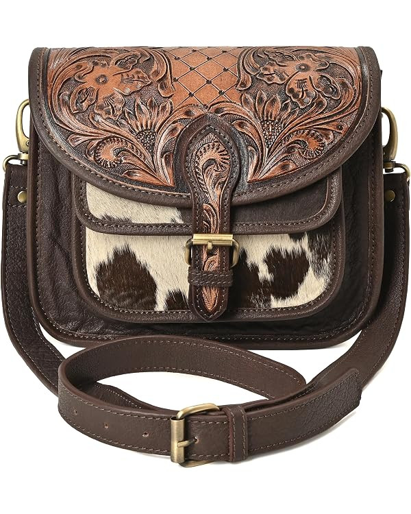 Leather Crossbody Bag Hand-Tooled Cowhide Hair-On Western Crossbody Bag for Women – Floral Leat... | Amazon (US)