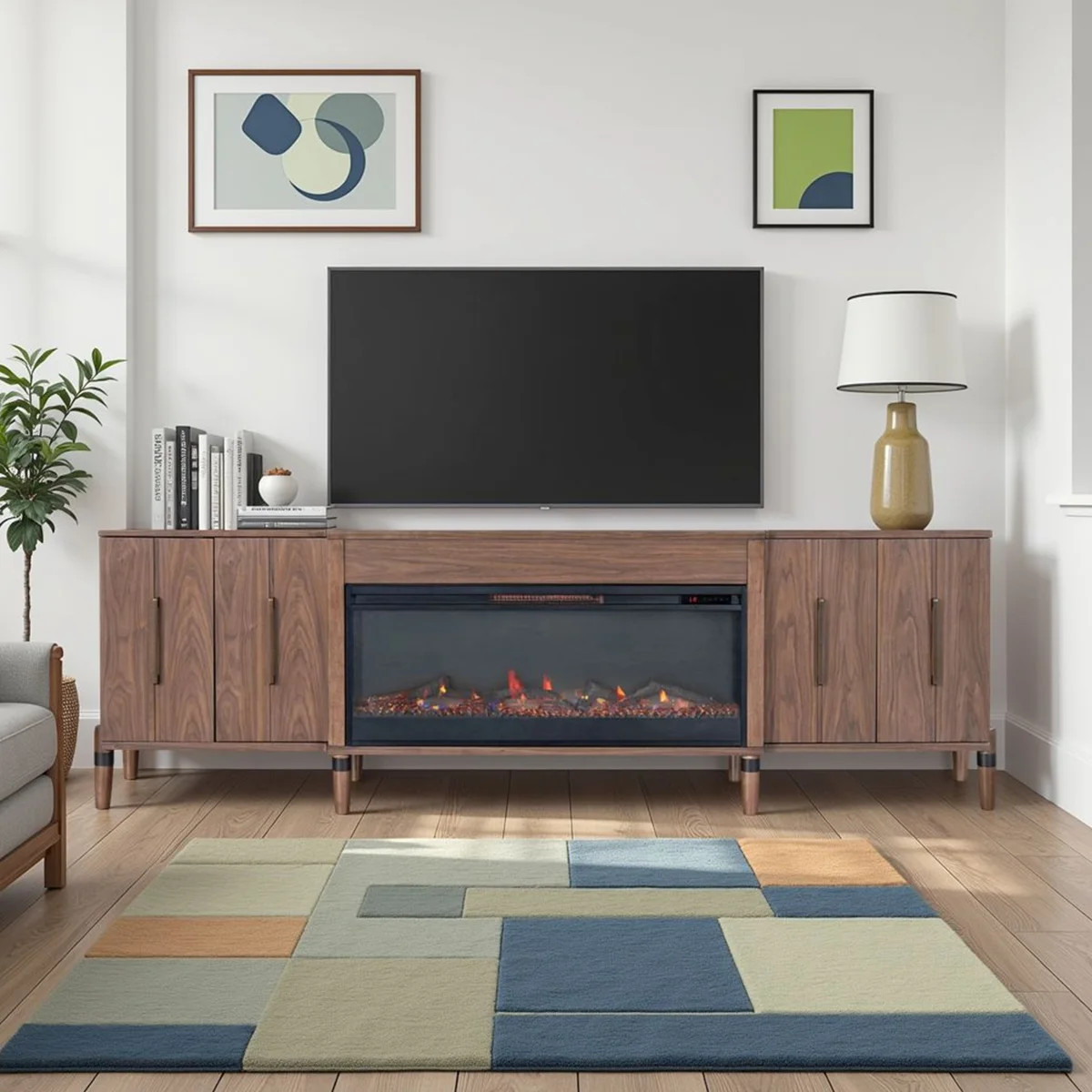 Fireplace Tv Stand For 100 Inches Tvs, 94 Inch, Walnut Finish, Poplar Solids & Veneers, Tapered M... | Wayfair North America