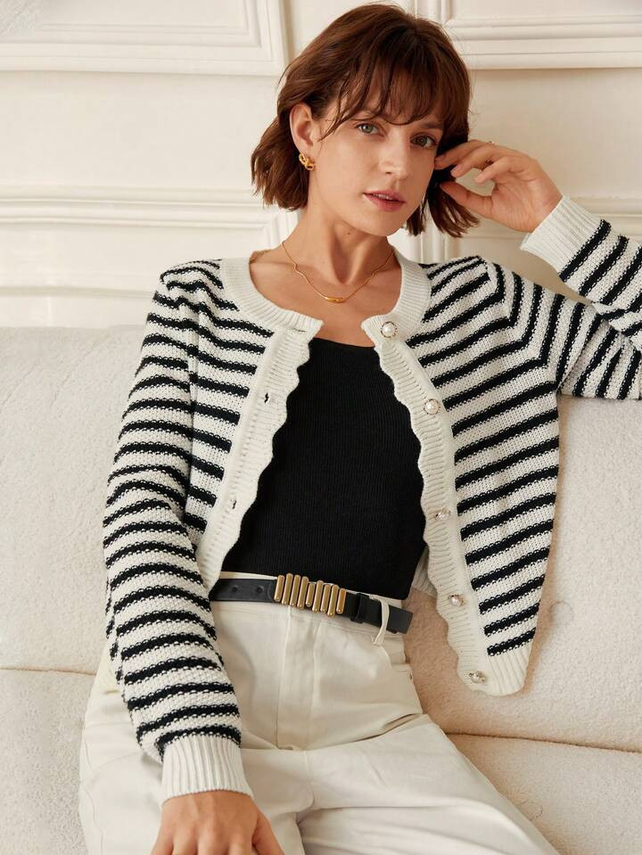 SHEIN Frenchy Striped Pattern Scallop Trim Button Front Cardigan | SHEIN