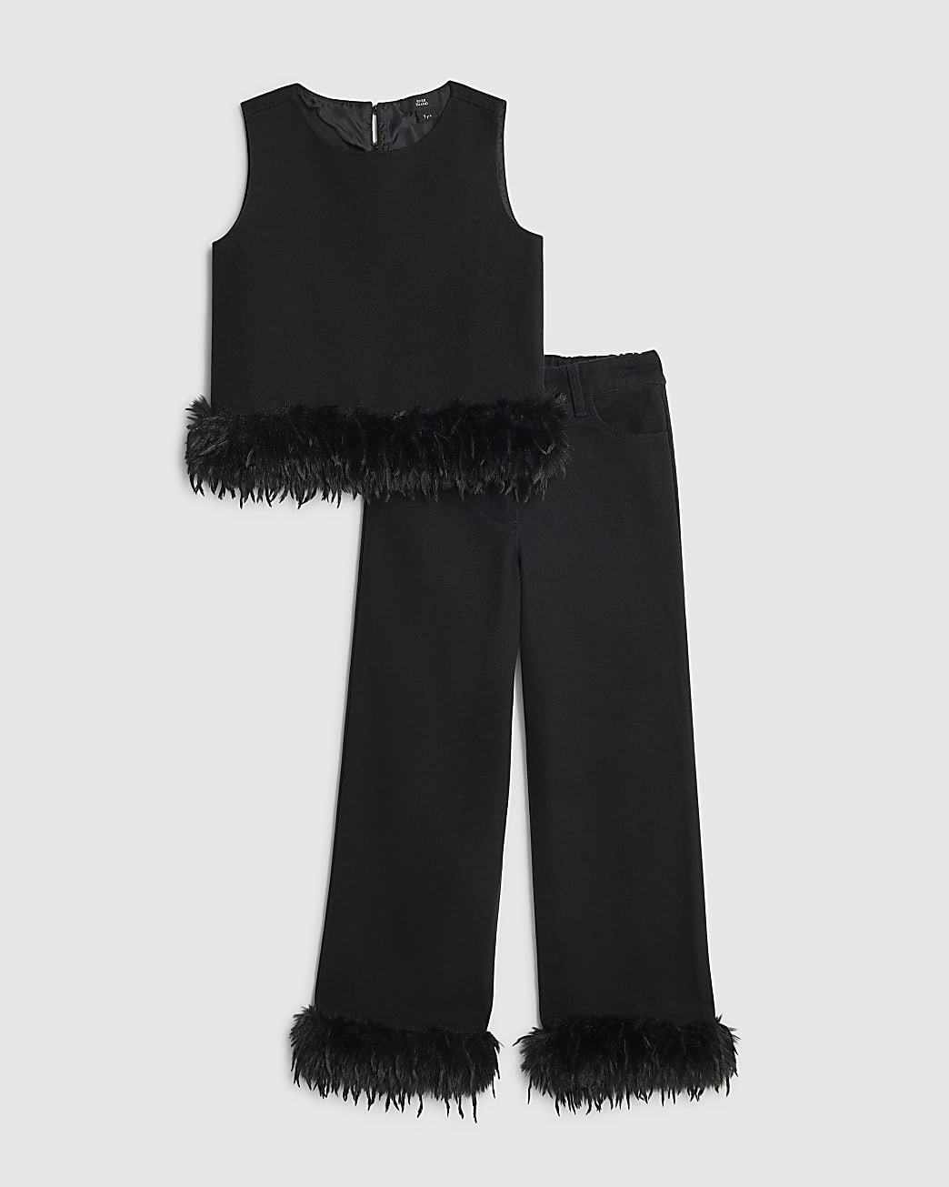 Girls Black Feather Trim Wide Leg Set | River Island UK & IE
