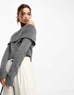 ASOS DESIGN off shoulder sweater in chunky rib in charcoal | ASOS (Global)