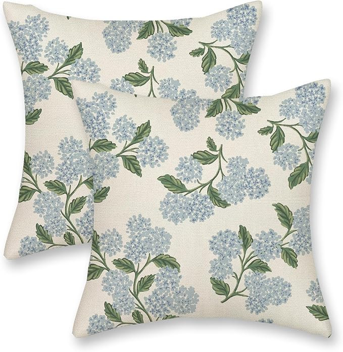 Spring Pillow Covers 18x18 Inch 2 Pcs Blue Green Hydrangea Flower Decor Throw Pillows Vintage Flo... | Amazon (US)