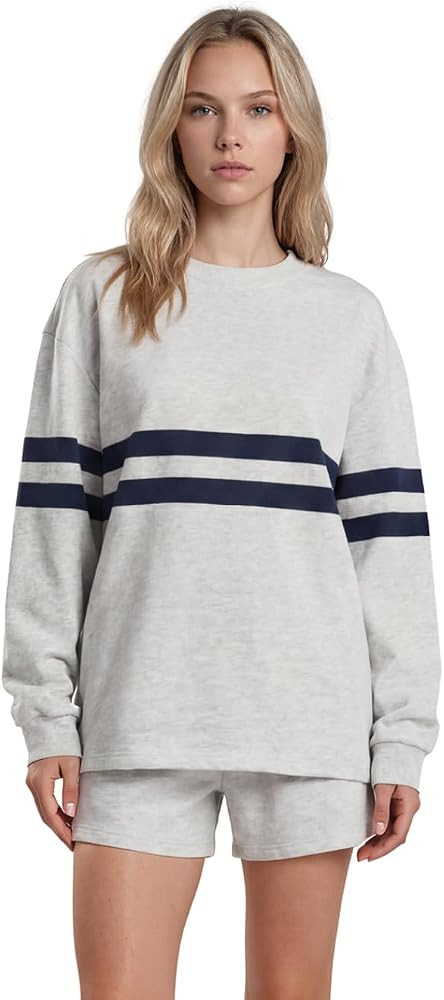 Almere Women's Varsity Set, 100% Cotton, Long Sleeve Crewneck Top and Matching Shorts | Amazon (US)