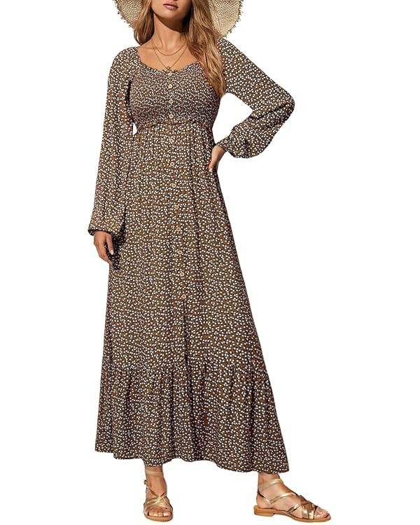 Dokotoo Fall Dresses for Women 2025 Boho Floral Smocked Empire Waist Square Neck Long Sleeve Butt... | Amazon (US)