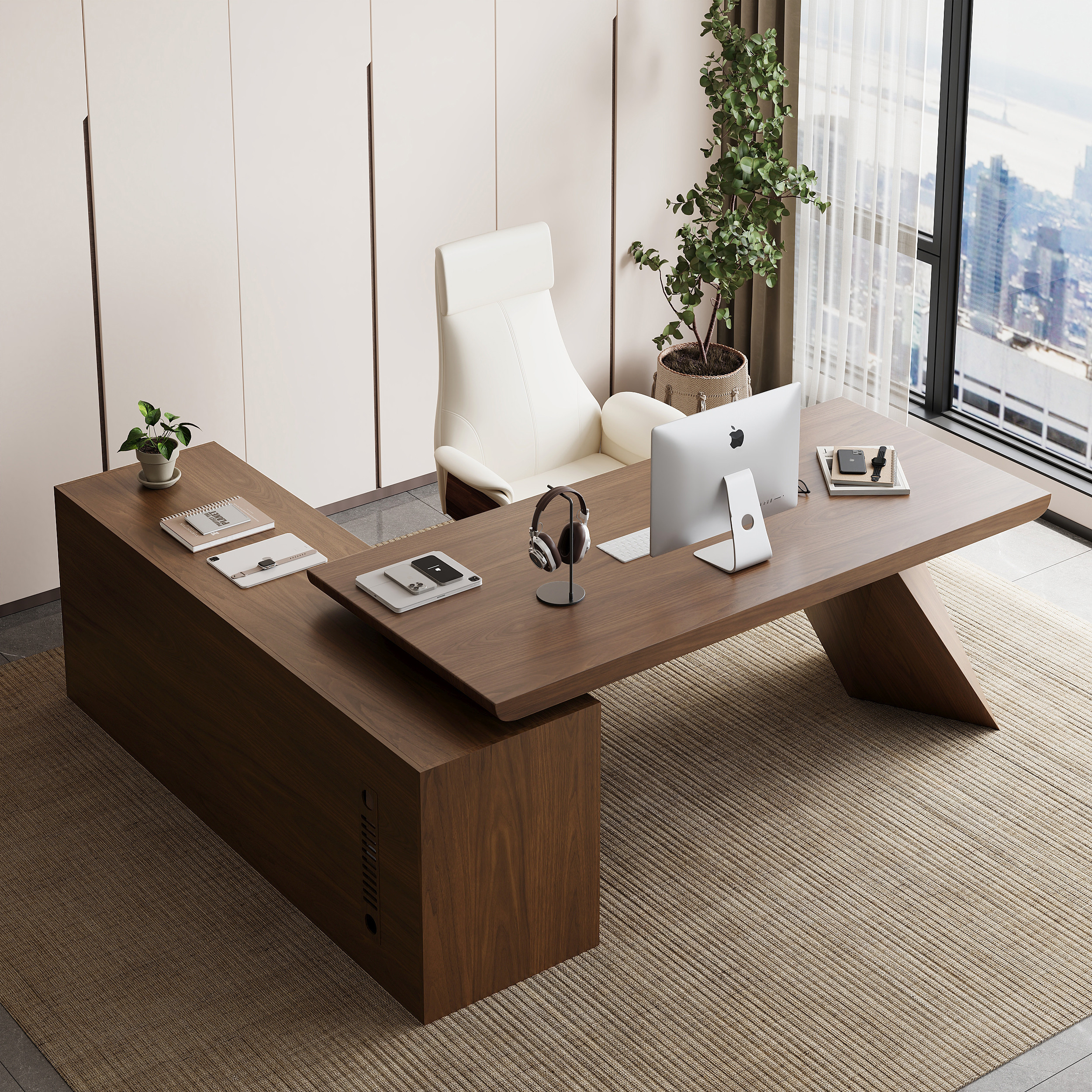 Modern Walnut L-Shape Executive Desk Drawers & Cabinet Home Office Desk Right Hand (70.9" ) | Homary