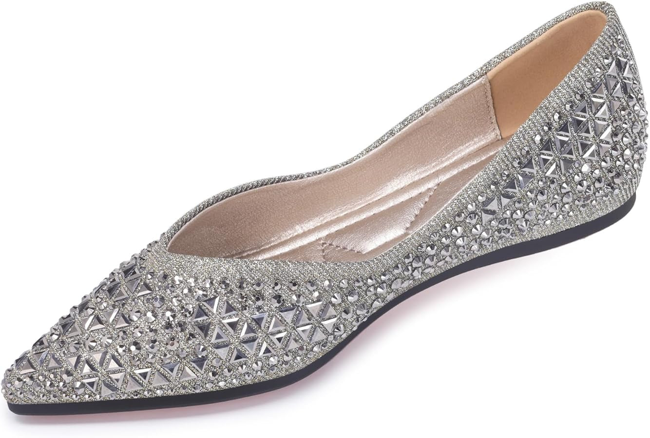 Women's Rhinestones Flats Pointed Toe Ballet Dress Shoes Women Comfort Memory Foam Insole Non-Sli... | Amazon (US)