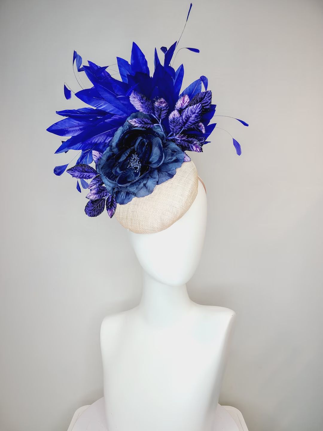 kentucky derby hat fascinator ivory blush base navy blue flower with purple violet blue velvet le... | Etsy (US)