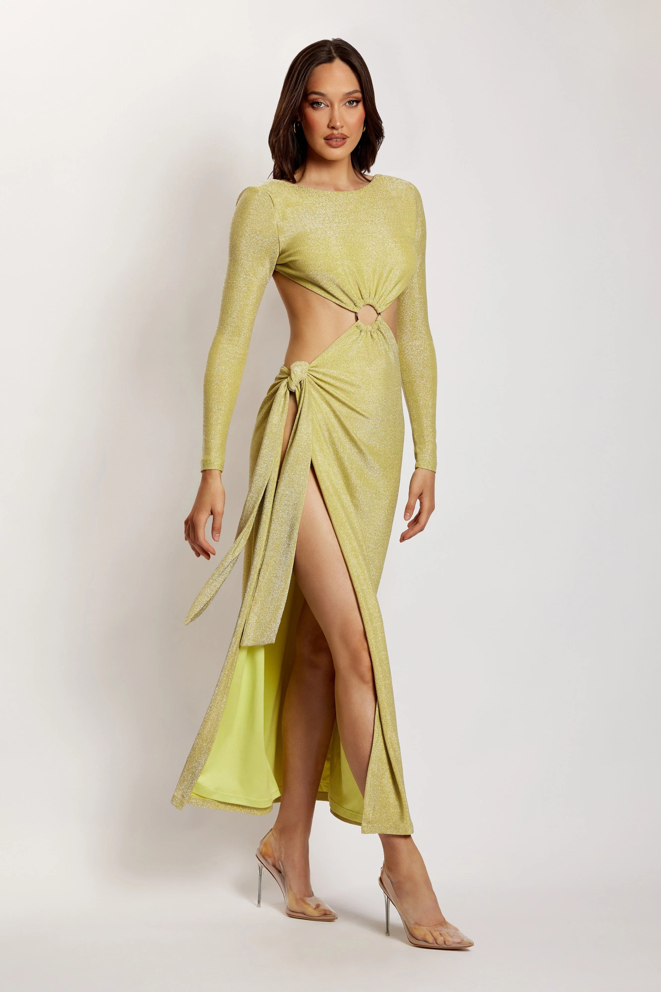 Christina Backless Maxi Wrap Dress - Green Shimmer | MESHKI US