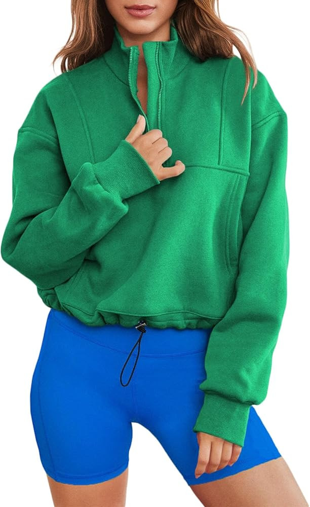 AlvaQ Women's Half Zip Crop Sweatshirt Workout Hoodie High Neck Long Sleeve Athletic Clothes | Amazon (US)