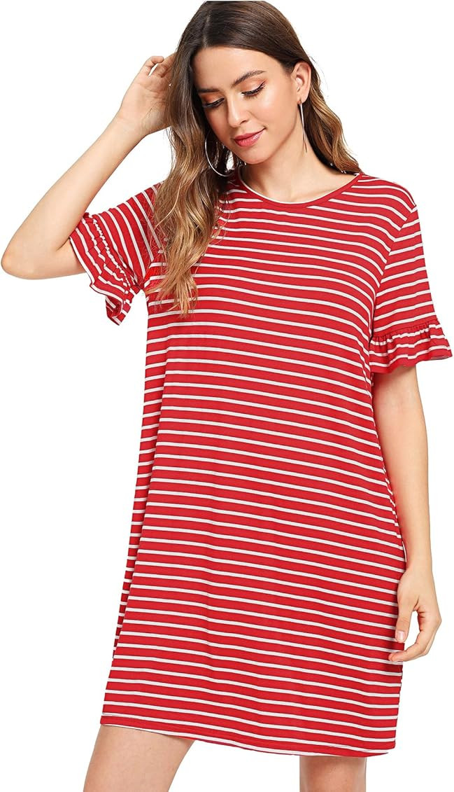 Floerns Women's Summer Casual Ruffle Short Sleeve Tunic Striped T-Shirt Dress | Amazon (US)