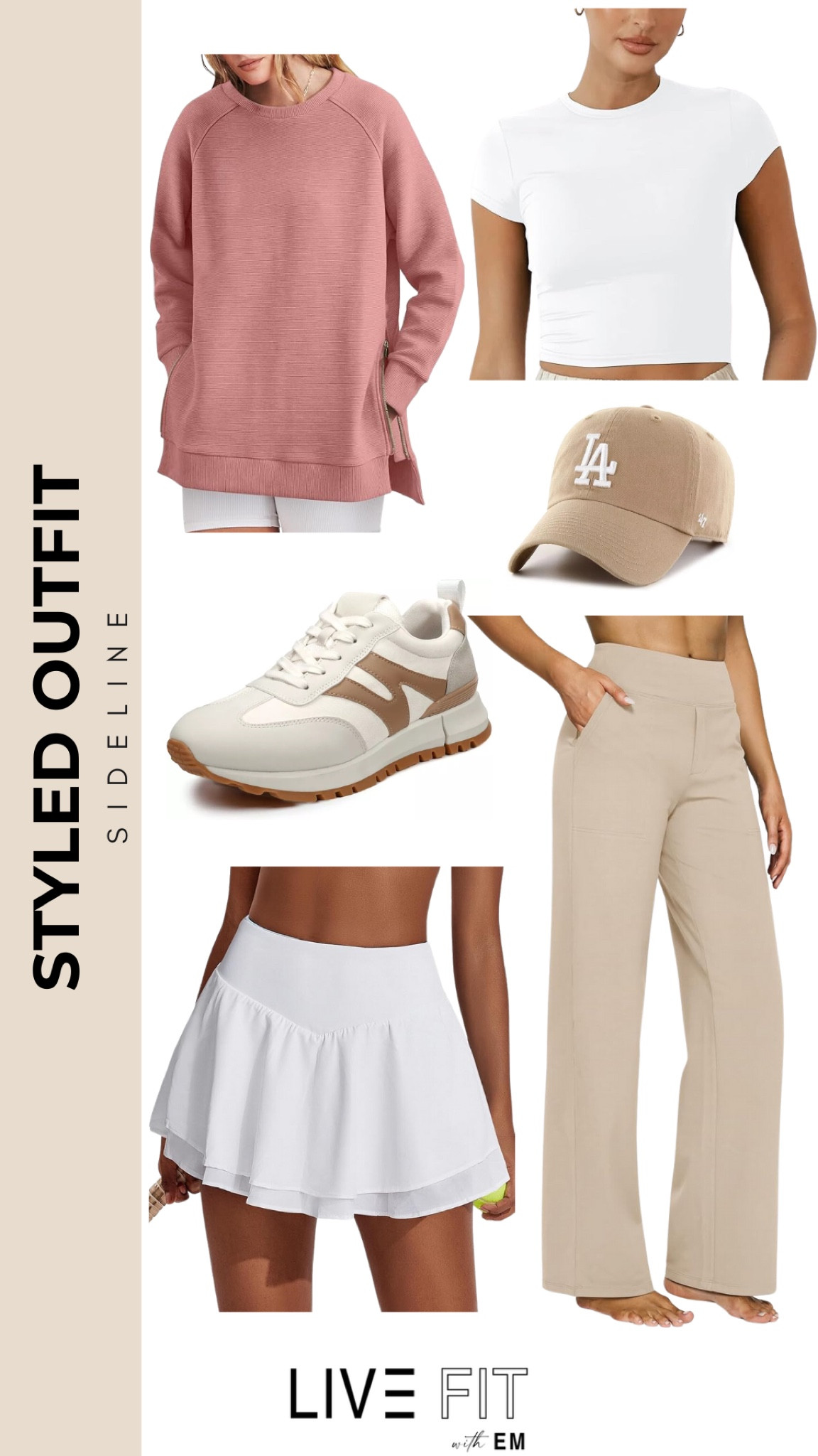 Here's a perfect transitional outfit to take you from summer to fall! Layer up with our cozy pink sweatshirt, paired with a sleek white cropped tee underneath for those warmer moments. Style it with classic beige pants for a chic look, or switch to a sporty white tennis skirt for a weekend outing. Add the trendy sneakers and a casual LA cap to complete your street style ensemble. Whether you're heading to a game or just out for a coffee, you're set to go! 🌟 #OutfitInspiration #TransitionLooks 

#LTKSeasonal #LTKFindsUnder50 #LTKStyleTip