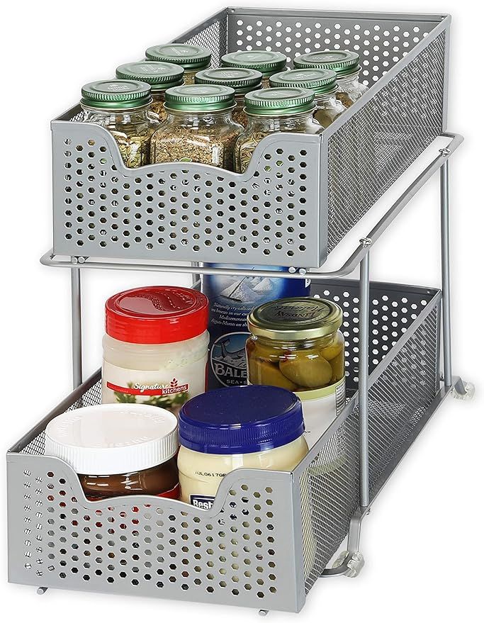 SimpleHouseware 2 Tier Sliding Cabinet Basket Organizer Drawer, Silver | Amazon (US)