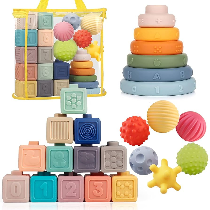 Montessori Toys Soft Stacking Building Blocks Rings Balls Sets 3 in 1 Baby Toys Bundle for Babies... | Amazon (US)