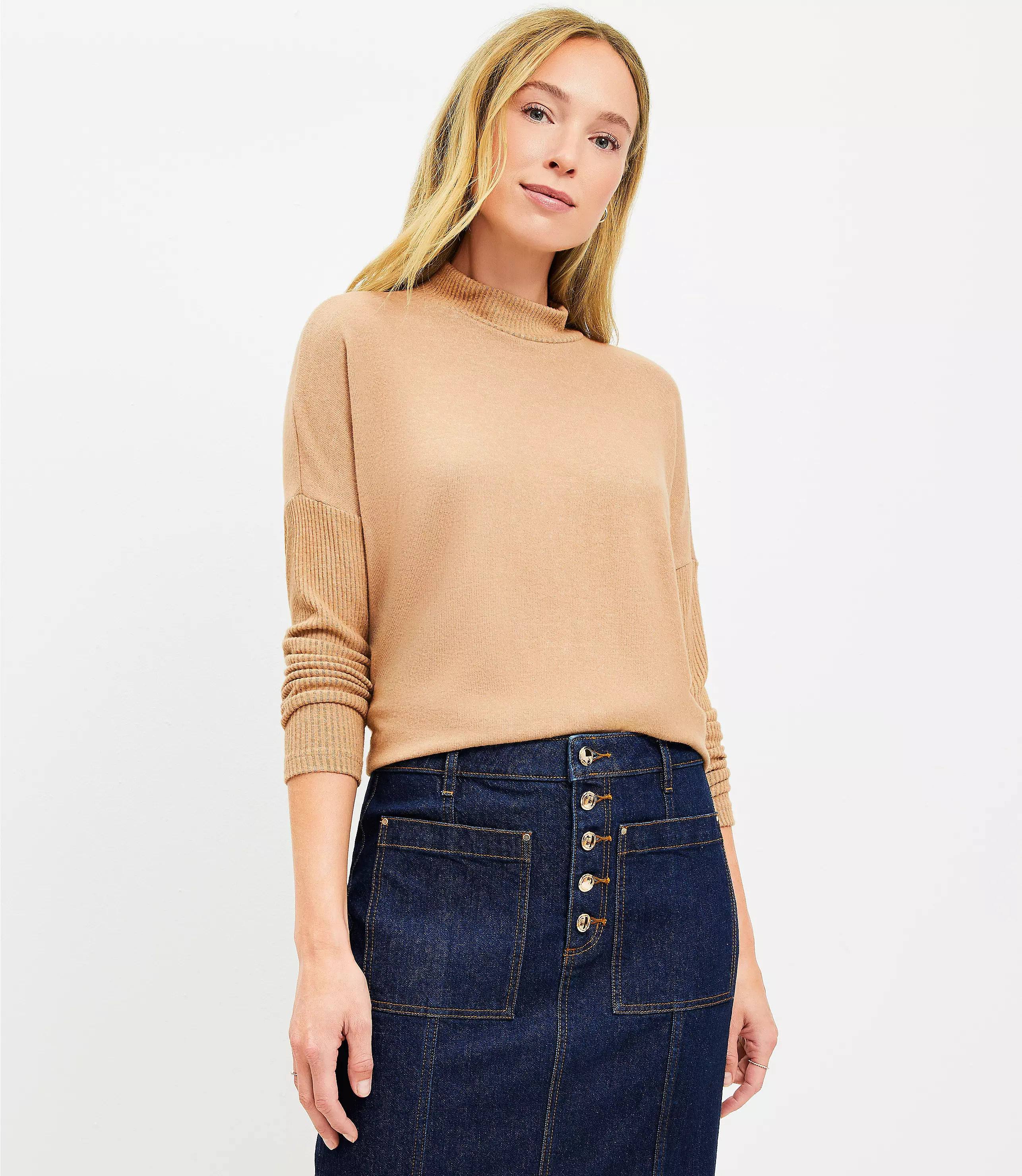 Petite Heathered Ribtrim Jersey Mock Neck Top | LOFT