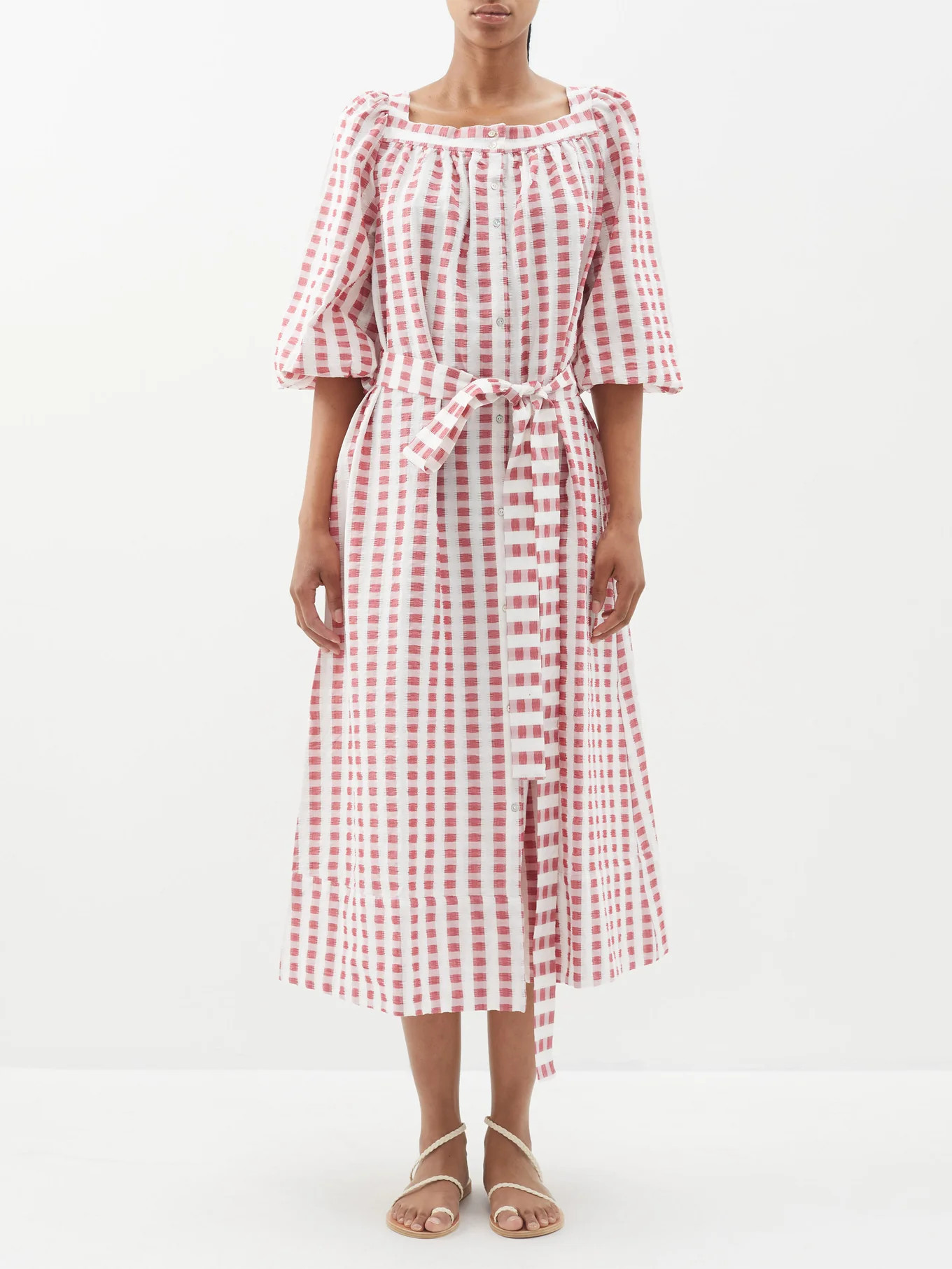 Square-neck gingham cotton-seersucker dress | Matches (US)