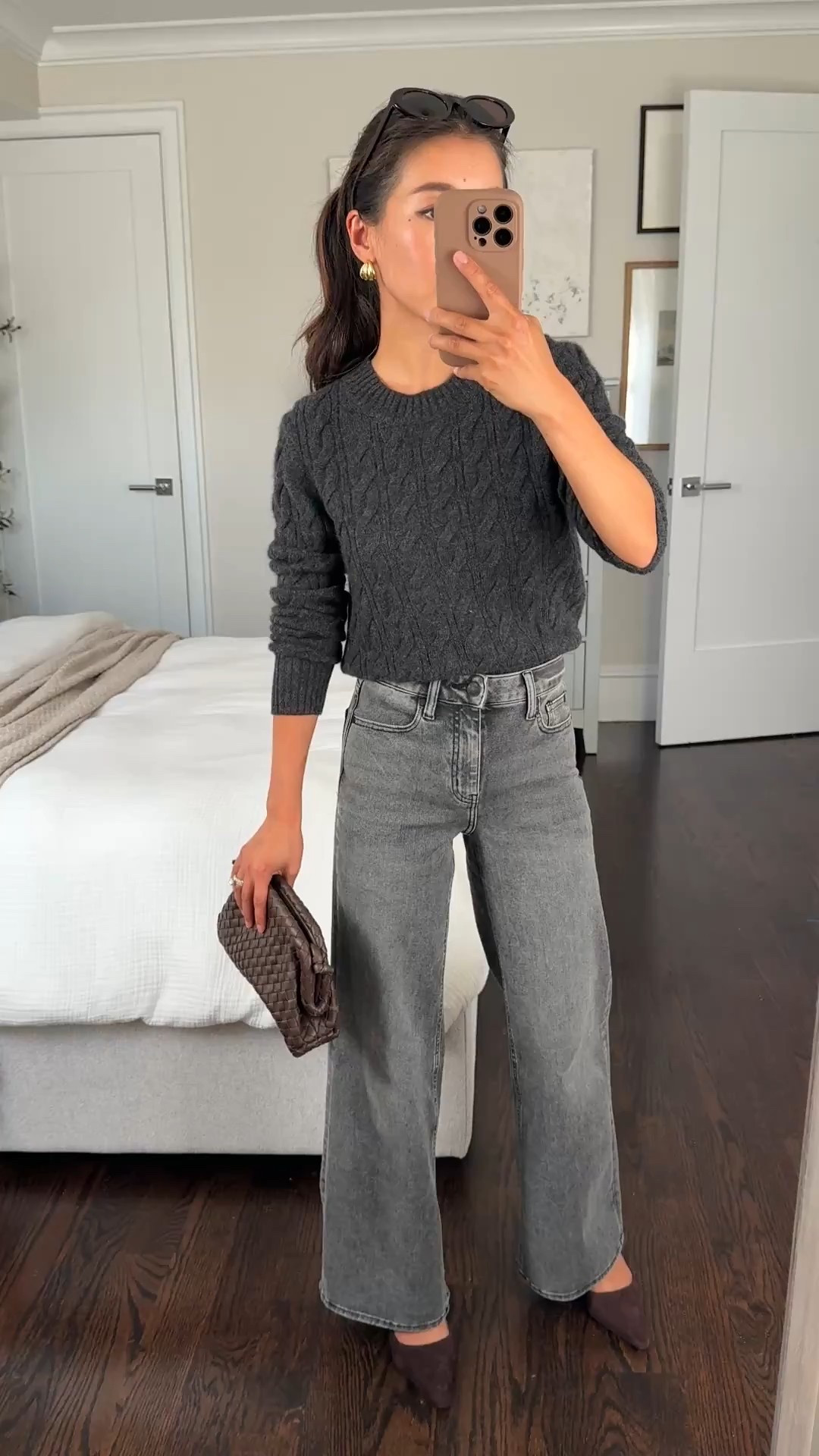 Cable shrunken fit sweater is finally restocked in 3 colors !

• Quince Bella stretch wide leg jeans size 24 x 28 inseam perfect for petites to wear with flats and sneakers 

These also come in a crop patch pocket style linked

• cashmere shrunken cable sweater xs - this has a more small and petite friendly fit. I sized up the next time I got this, to a Small, since cashmere shrinks a little when I wash it 

• Quince woven clutch - also comes with a strap to wear as a crossbody

Early transitional fall outfit, petite friendly, mom style

#LTKSeasonal #LTKPetite #LTKWorkwear