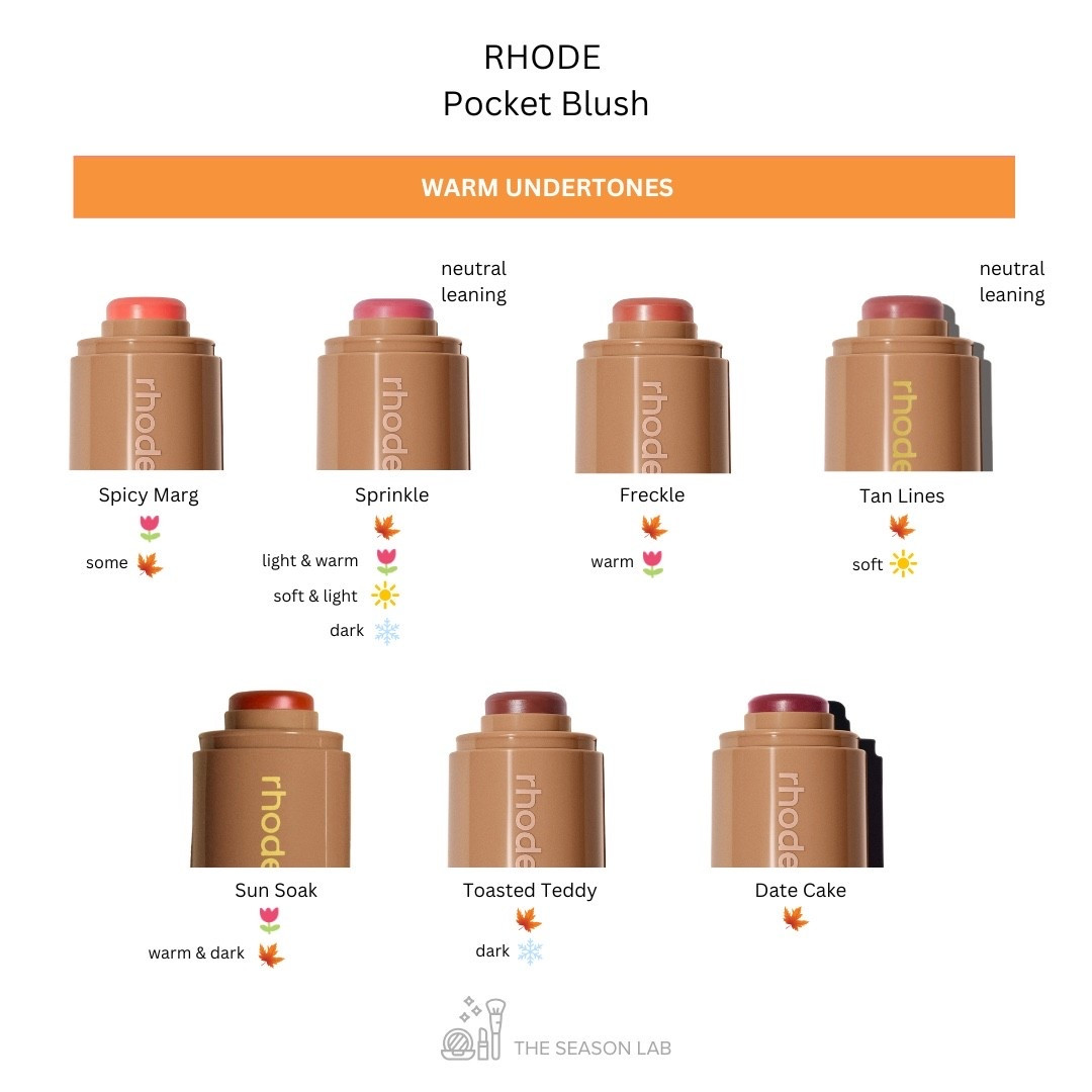 RHODE
Pocket Blushes

WARM & neutral WARM undertones for:

warm spring
true spring
bright spring
light spring
light summer
warm autumn
true autumn
dark autumn
deep autumn
dark winter
deep winter
soft autumn
soft summer

#LTKStyleTip #LTKBeauty