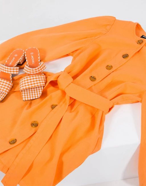 ASOS DESIGN denim orange puff sleeve belted dress | ASOS (Global)